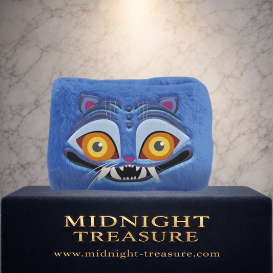Trousse à crayons Fuzzy K-Pop Demon Hunters représentant Derpy, le tigre bleu, avec revêtement doux façon peluche et visage brodé.