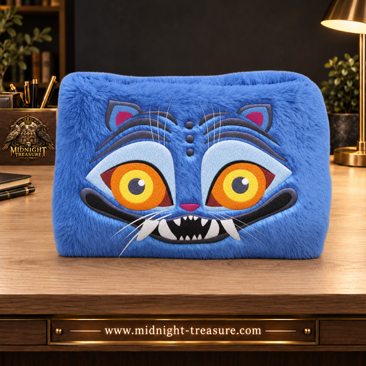 Trousse à crayons Fuzzy K-Pop Demon Hunters représentant Derpy, le tigre bleu, avec revêtement doux façon peluche et visage brodé.