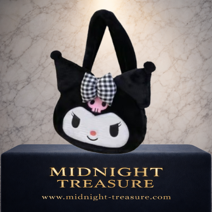 Grand sac à main Kuromi Sanrio en peluche noire de 31 cm avec visage kawaii, crâne rose et nœud à carreaux noir et blanc.