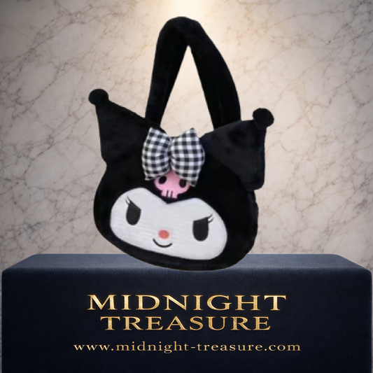Grand sac à main Kuromi Sanrio en peluche noire de 31 cm avec visage kawaii, crâne rose et nœud à carreaux noir et blanc.