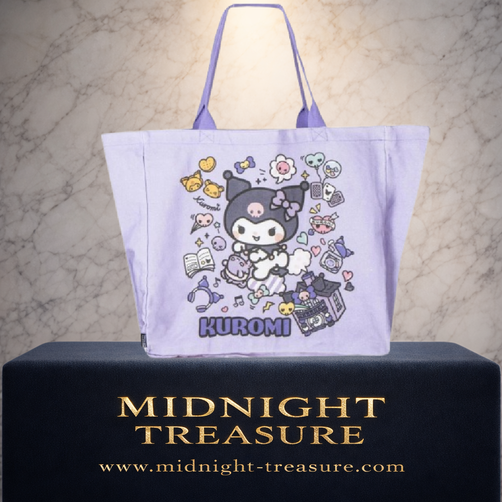 Grand sac shopping XL Kuromi officiel Sanrio par Cerdá, coloris lilas avec illustration kawaii de Kuromi et motifs colorés, dimensions 48 x 43 x 17 cm.