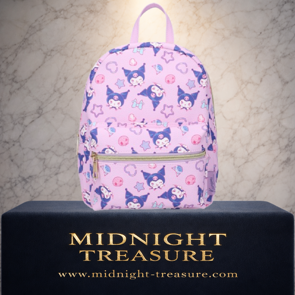 Sac à dos Kuromi Sweet On You rose pastel Sanrio avec motifs Kuromi, cœurs, étoiles, bonbons et poche avant zippée.