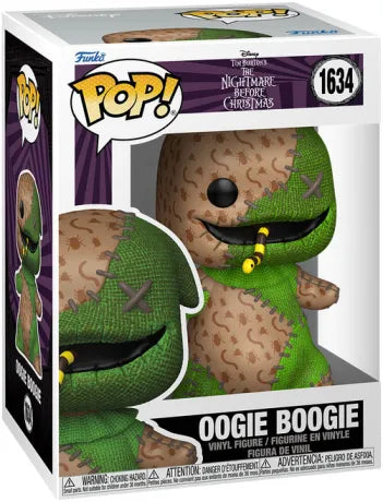 Funko Pop! The Nightmare Before Christmas – Oogie Boogie Patchwork (N°1634). Oogie Boogie en version patchwork vert et beige avec ver sortant de la bouche. Figurine texturée fidèle au film.