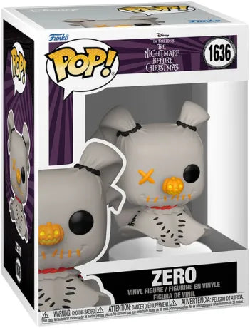 Funko Pop! Nightmare Before Christmas – Zero Patchwork (N°1636). Version Patchwork avec coutures noires, nez citrouille lumineux et design textile. Figurine stylisée pour les fans du film.