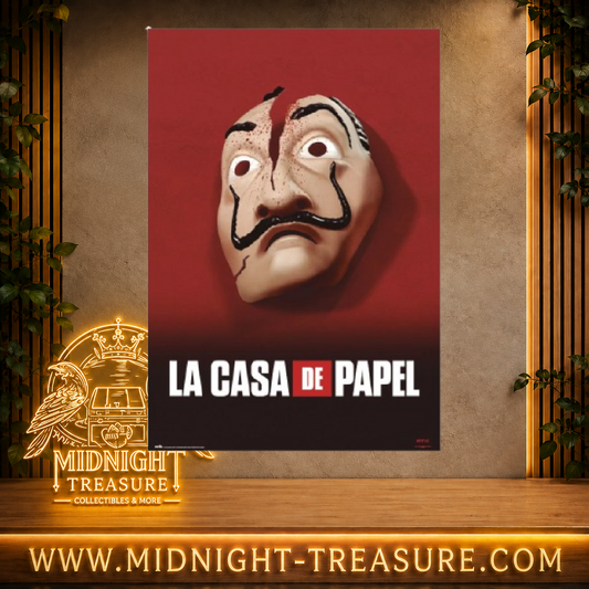 Poster La Casa de Papel 61 x 91,5 cm représentant le masque de Dalí fissuré sur fond rouge, affiche officielle Netflix.