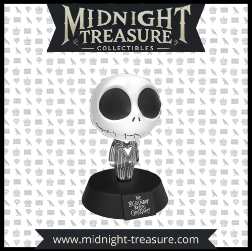 Lampe 3D Jack Skellington – Paladone Icons #001, figurine lumineuse de 10 cm sur un socle avec le logo The Nightmare Before Christmas, fonctionnant à piles (2x AAA non incluses), idéale pour une décoration gothique et féérique.