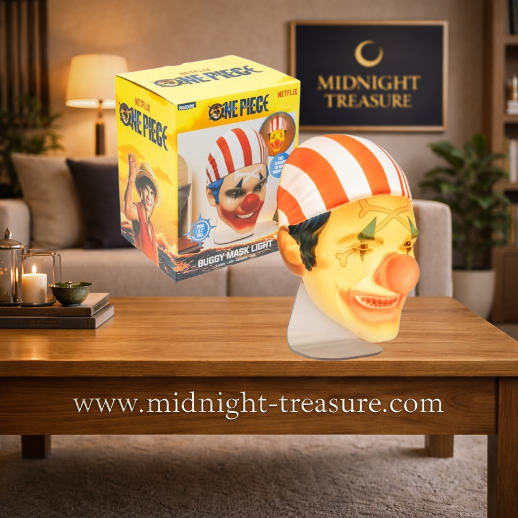 Lampe Buggy the Clown Mask Light One Piece Netflix 21 cm représentant le visage du pirate clown avec éclairage LED décoratif.