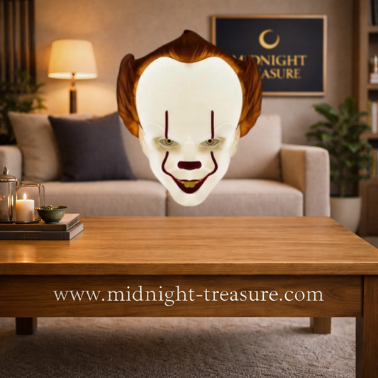 Lampe Pennywise IT en forme de masque lumineux 22 cm, décoration horreur murale ou à poser avec éclairage LED.