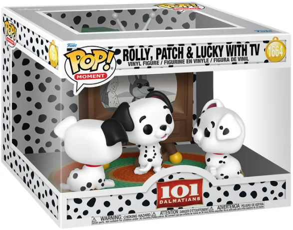 📺🐶 Funko Pop! Moment N°1664 – Rolly, Patch & Lucky with TV (Rolly, Patch & Chanceux devant la TV) – Les 101 Dalmatiens 🐶📺