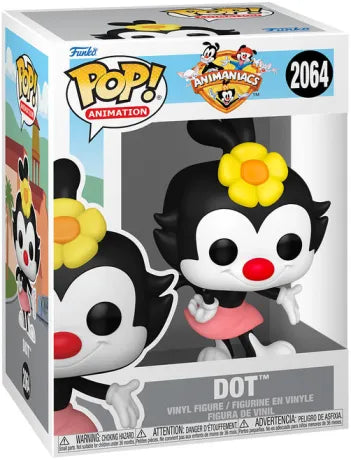 Funko Pop! Animaniacs – Dot (N°2064). Figurine représentant Dot Warner avec sa fleur jaune et sa jupe rose, fidèle au design de la série animée Animaniacs.