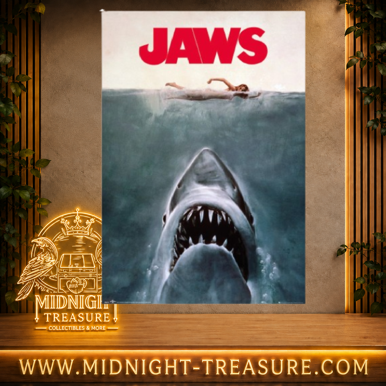 Poster Les Dents de la mer Jaws 61 x 91,5 cm reproduisant l'affiche culte du film avec le grand requin blanc remontant vers une nageuse.