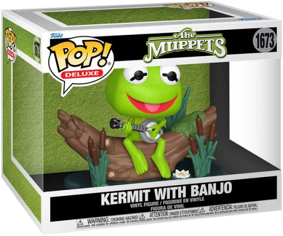 Funko Pop! Deluxe The Muppets – Kermit with Banjo (N°1673). Kermit la grenouille assis sur un tronc, jouant du banjo, dans un décor de marais emblématique.