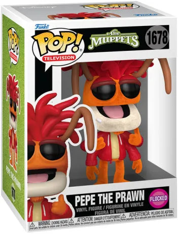 Funko Pop! The Muppets – Pepe the Prawn (Pepe le Roi Crevette) N°1678. Figurine flocked avec lunettes noires, veste rouge et pose iconique.