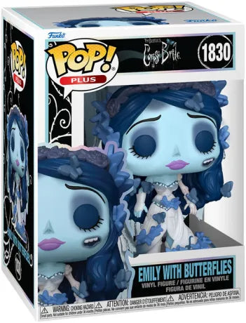 Funko Pop! Les Noces Funèbres – Emily with Butterflies (Emily avec Papillons) (N°1830). Figurine représentant Emily, la mariée défunte, entourée de papillons bleus. Une Pop! poétique et gothique inspirée du film culte de Tim Burton.