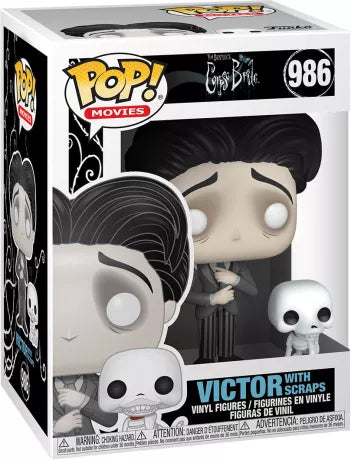 Funko Pop! Corpse Bride – Victor with Scraps (N°986). Victor en costume sombre avec son chien squelette Scraps. Figurine détaillée et poétique pour les fans de Tim Burton.