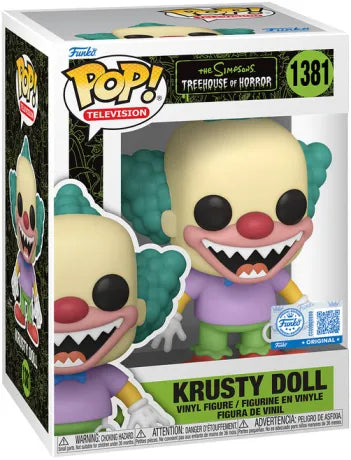 Funko Pop! The Simpsons – Krusty Doll (N°1381). Figurine de la poupée maléfique inspirée de Treehouse of Horror, sourire inquiétant et cheveux verts.