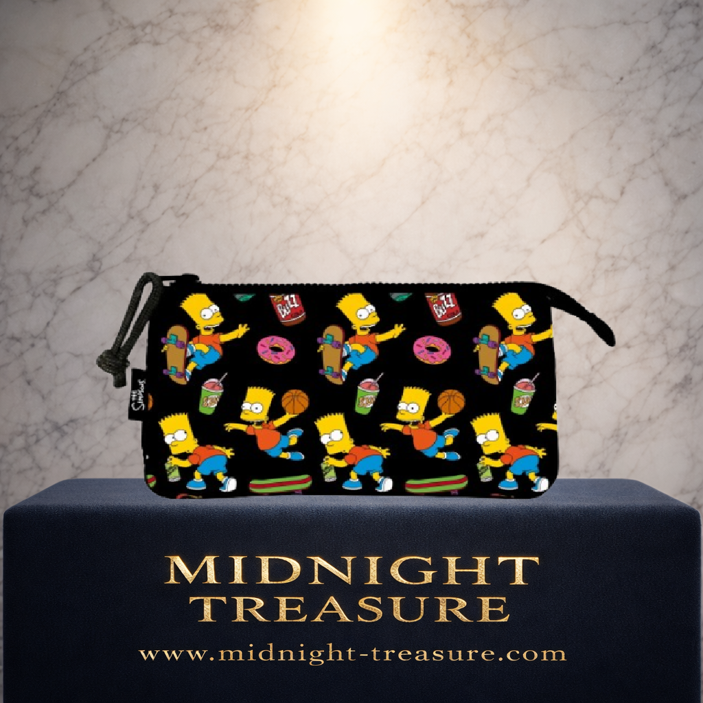 Trousse triple Les Simpsons Bart Simpson noire avec motifs skateboard donuts Buzz Cola et Squishee