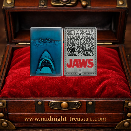 Lingot métal Les Dents de la Mer 50e anniversaire, poster emblématique du film Jaws, édition limitée numérotée avec présentoir, format 90 x 60 mm.