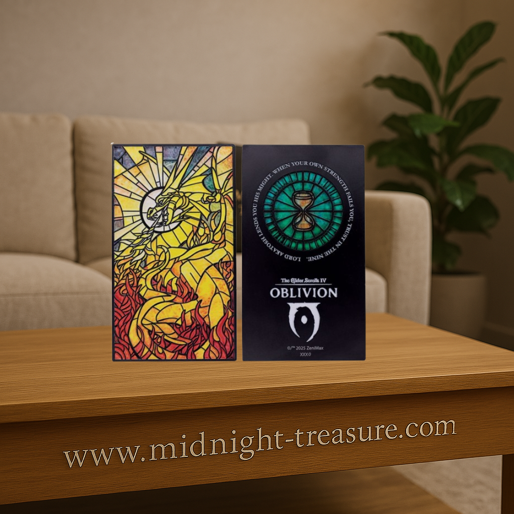 Lingot collector Akatosh – The Elder Scrolls IV: Oblivion, édition limitée à 5000 exemplaires. Métal plaqué nickel noir avec illustration vitrail et présentoir inclus.