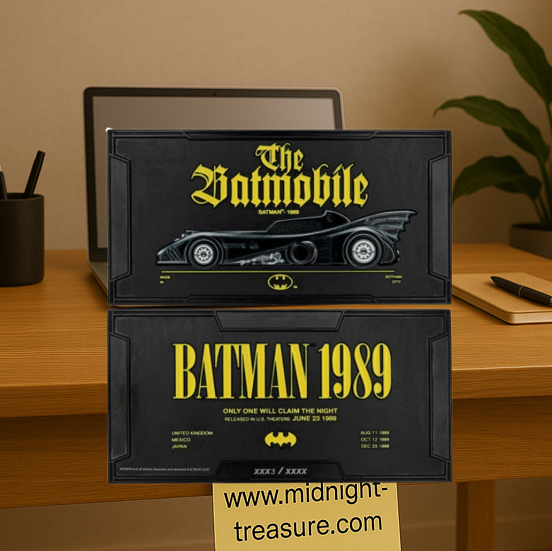 Lingot XL Batmobile 1989 – édition limitée DC, 145 x 73,6 mm, design embossé noir avec numérotation individuelle et présentoir inclus.