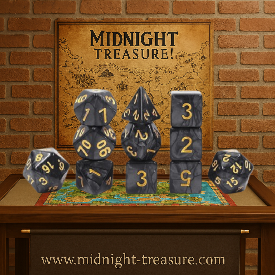 Lot de dés – Noir nacré & doré – 11 pièces. Set complet pour jeux de rôle avec effet tourbillonnant sombre et chiffres dorés. Parfait pour D&D, Pathfinder et autres JDR.