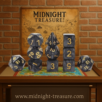 Lot de dés – Noir nacré & doré – 11 pièces. Set complet pour jeux de rôle avec effet tourbillonnant sombre et chiffres dorés. Parfait pour D&D, Pathfinder et autres JDR.