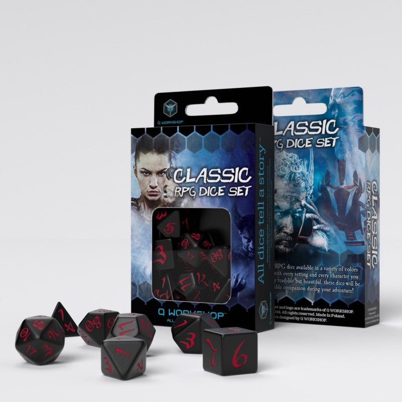 🎲🖤 Lot de Dés – Classic RPG Noir & Rouge – Q Workshop – Set Complet 7 Pièces – Jeu de Rôle 🔴🎲