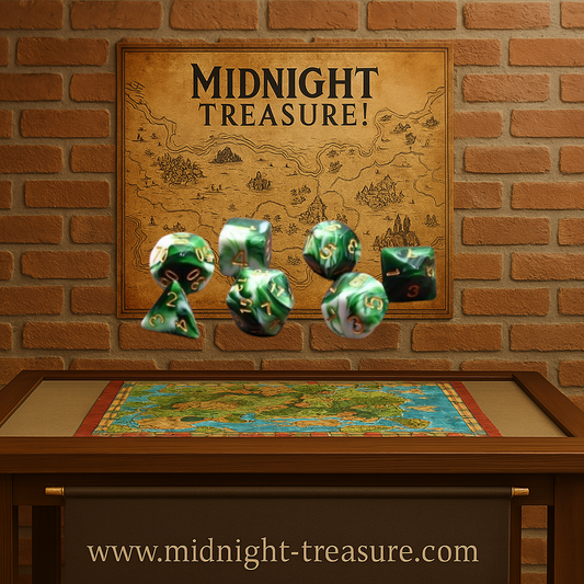 Lot de 7 dés – Emerald White Jade – Jeu de rôle. Set complet marbré vert émeraude et blanc jade avec chiffres dorés (D4, D6, D8, D10, D00, D12, D20). Un design raffiné et unique, parfait pour Donjons & Dragons, Pathfinder et autres jeux de rôle.