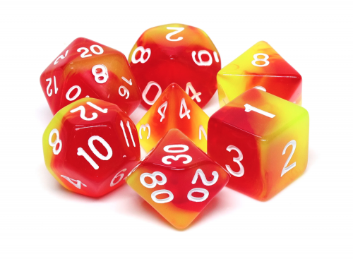 Lot de 7 dés multiformat en boîte – Fusion Rouge et Jaune – Jeu de rôle. Set rouge et jaune effet fusion avec chiffres blancs (D4, D6, D8, D10, D00, D12, D20). Un design vibrant et énergétique parfait pour Donjons & Dragons, Pathfinder et autres jeux de rôle.