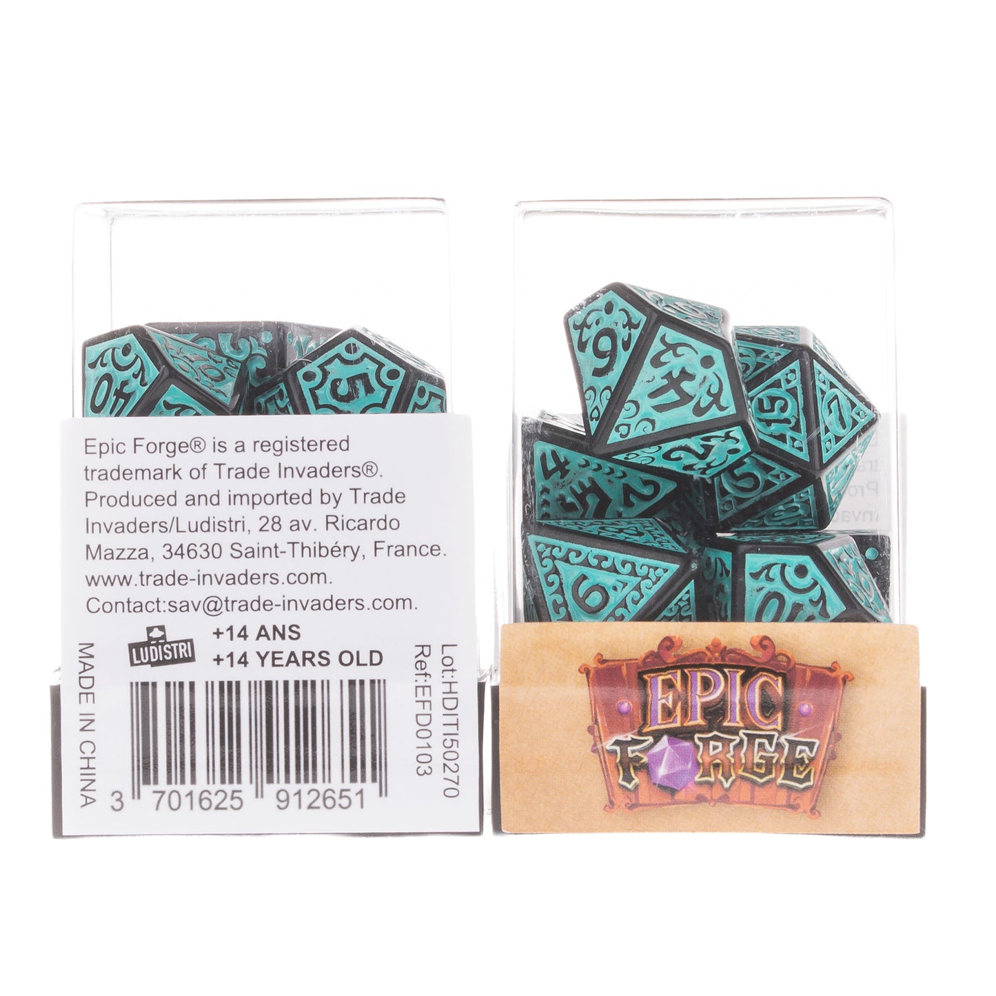 🎲🔥 Lot de Dés – Magic Flame Teal – Set Complet 7 Pièces en Boîte – Jeu de Rôle 💠🎲