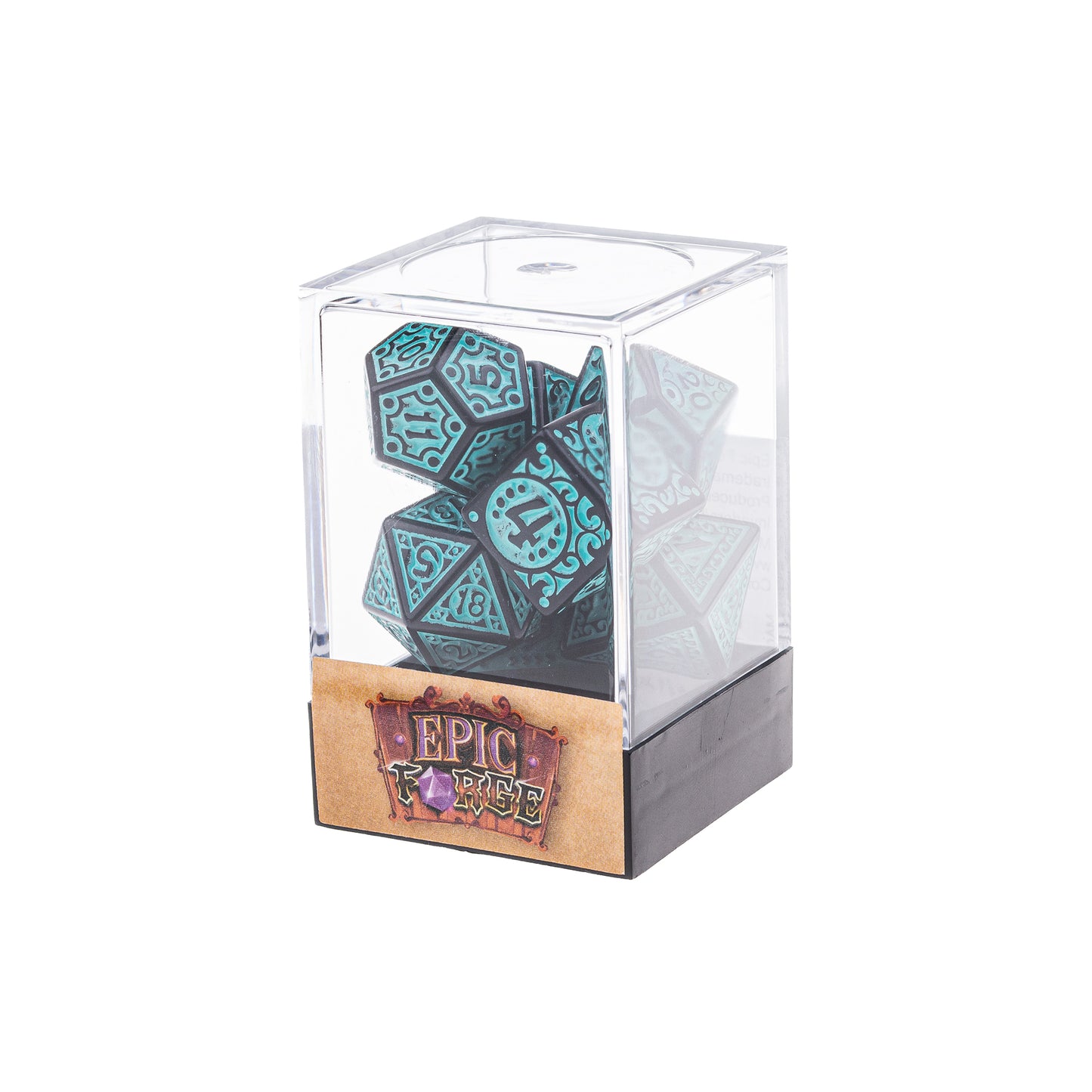 🎲🔥 Lot de Dés – Magic Flame Teal – Set Complet 7 Pièces en Boîte – Jeu de Rôle 💠🎲