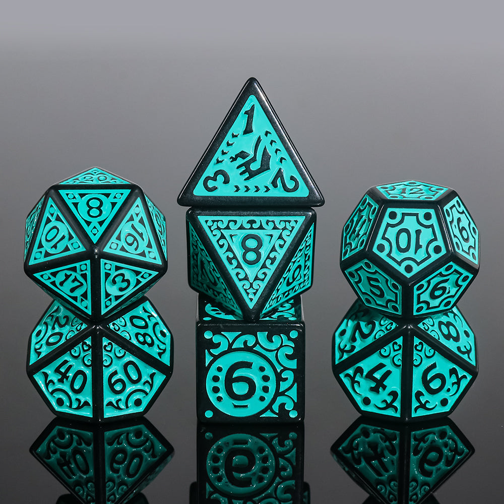 🎲🔥 Lot de Dés – Magic Flame Teal – Set Complet 7 Pièces en Boîte – Jeu de Rôle 💠🎲