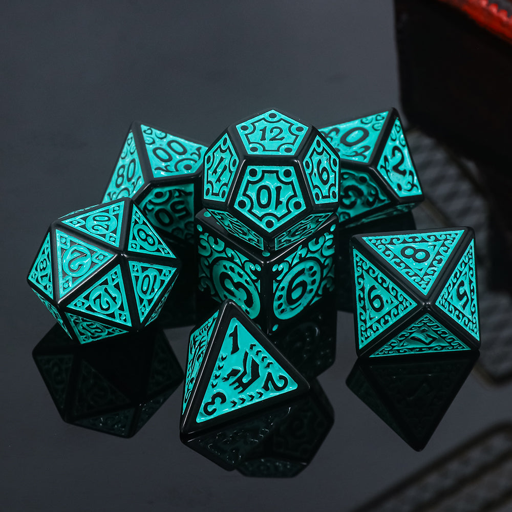 🎲🔥 Lot de Dés – Magic Flame Teal – Set Complet 7 Pièces en Boîte – Jeu de Rôle 💠🎲