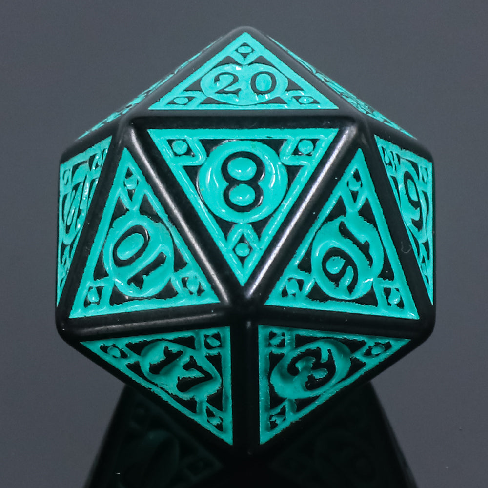🎲🔥 Lot de Dés – Magic Flame Teal – Set Complet 7 Pièces en Boîte – Jeu de Rôle 💠🎲