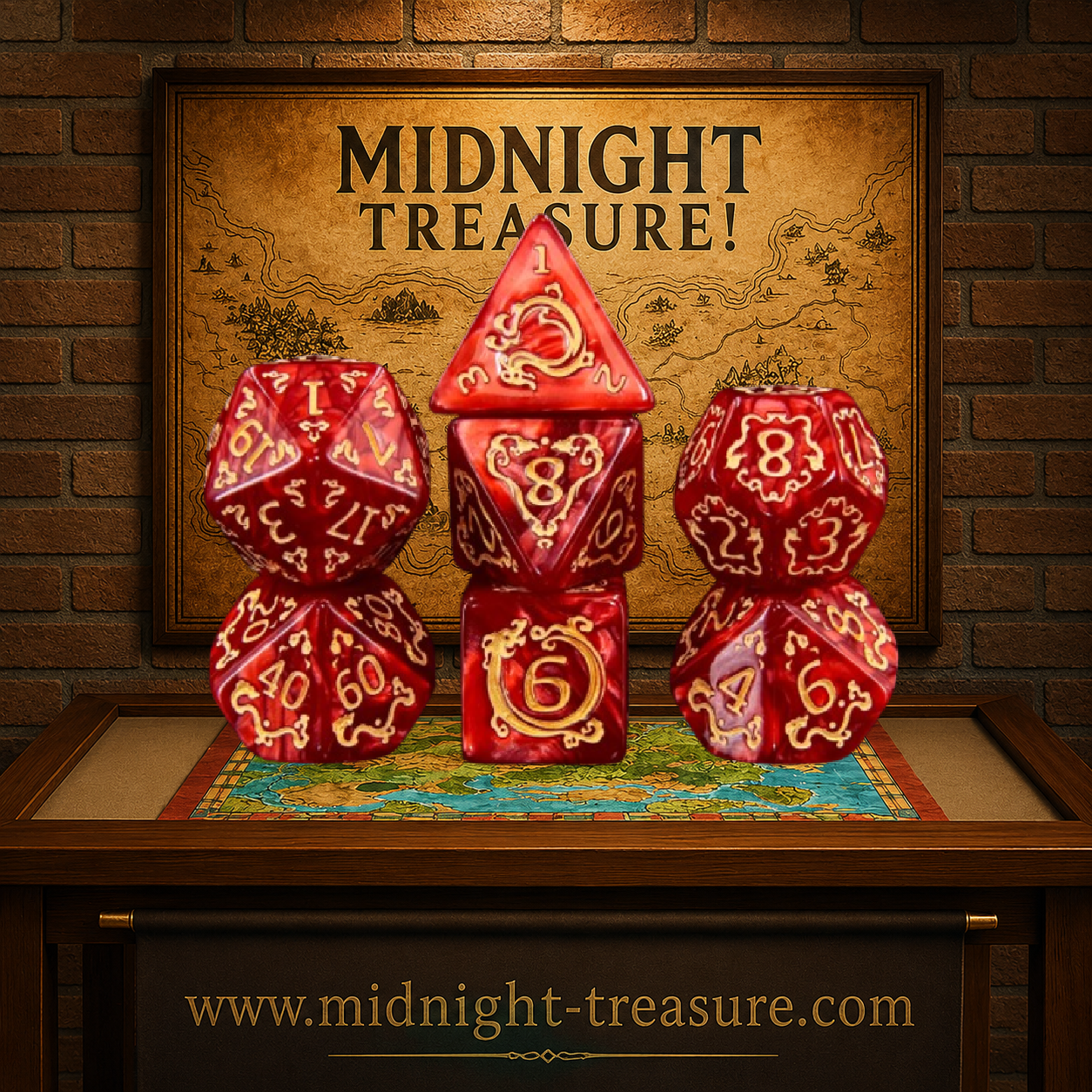 Lot de 7 dés multiformat en boîte – Auspicious Clouds Red – Jeu de rôle. Set rouge nacré avec chiffres et motifs asiatiques dorés (D4, D6, D8, D10, D00, D12, D20). Un design rouge et or richement décoré parfait pour Donjons & Dragons, Pathfinder et autres jeux de rôle.