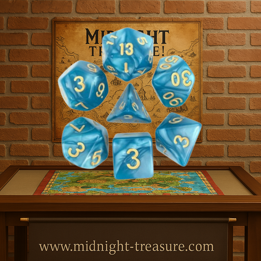 Lot de 7 dés en boîte – Bleu nacré et or – Jeu de rôle. Set complet bleu nacré avec chiffres dorés (D4, D6, D8, D10, D00, D12, D20). Des dés lumineux et élégants parfaits pour Donjons & Dragons, Pathfinder et autres jeux de rôle.