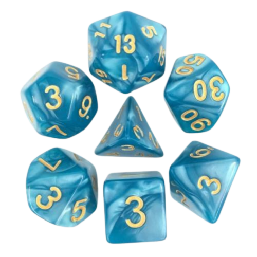 Lot de 7 dés en boîte – Bleu nacré et or – Jeu de rôle. Set complet bleu nacré avec chiffres dorés (D4, D6, D8, D10, D00, D12, D20). Des dés lumineux et élégants parfaits pour Donjons & Dragons, Pathfinder et autres jeux de rôle.