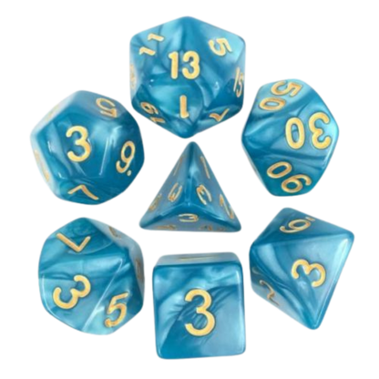 Lot de 7 dés en boîte – Bleu nacré et or – Jeu de rôle. Set complet bleu nacré avec chiffres dorés (D4, D6, D8, D10, D00, D12, D20). Des dés lumineux et élégants parfaits pour Donjons & Dragons, Pathfinder et autres jeux de rôle.