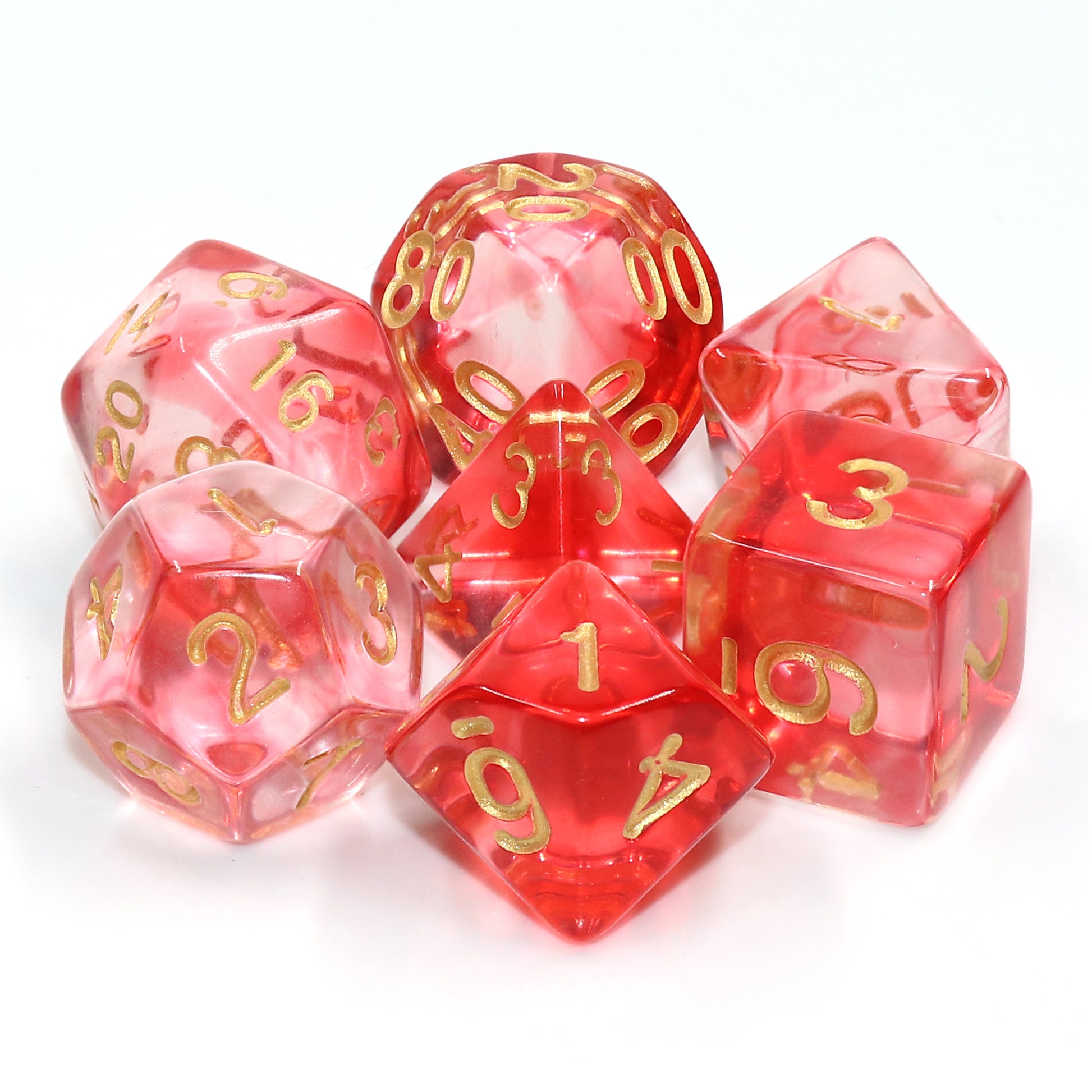 Lot de 7 dés en boîte – Crimson Light – Jeu de rôle. Set complet rouge translucide avec chiffres dorés (D4, D6, D8, D10, D00, D12, D20). Un design raffiné et éclatant, parfait pour Donjons & Dragons, Pathfinder et autres jeux de rôle.