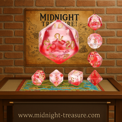 Lot de 7 dés en boîte – Crimson Light – Jeu de rôle. Set complet rouge translucide avec chiffres dorés (D4, D6, D8, D10, D00, D12, D20). Un design raffiné et éclatant, parfait pour Donjons & Dragons, Pathfinder et autres jeux de rôle.