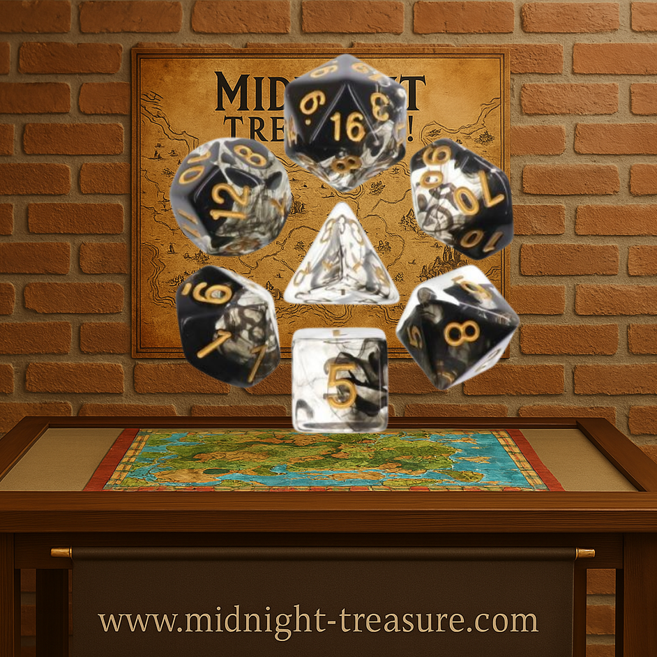 Lot de 7 dés en boîte – Dark Cloud – Jeu de rôle. Set complet noir et transparent effet nuageux avec chiffres dorés (D4, D6, D8, D10, D00, D12, D20). Un design sombre et mystérieux, parfait pour Donjons & Dragons, Pathfinder et autres jeux de rôle.