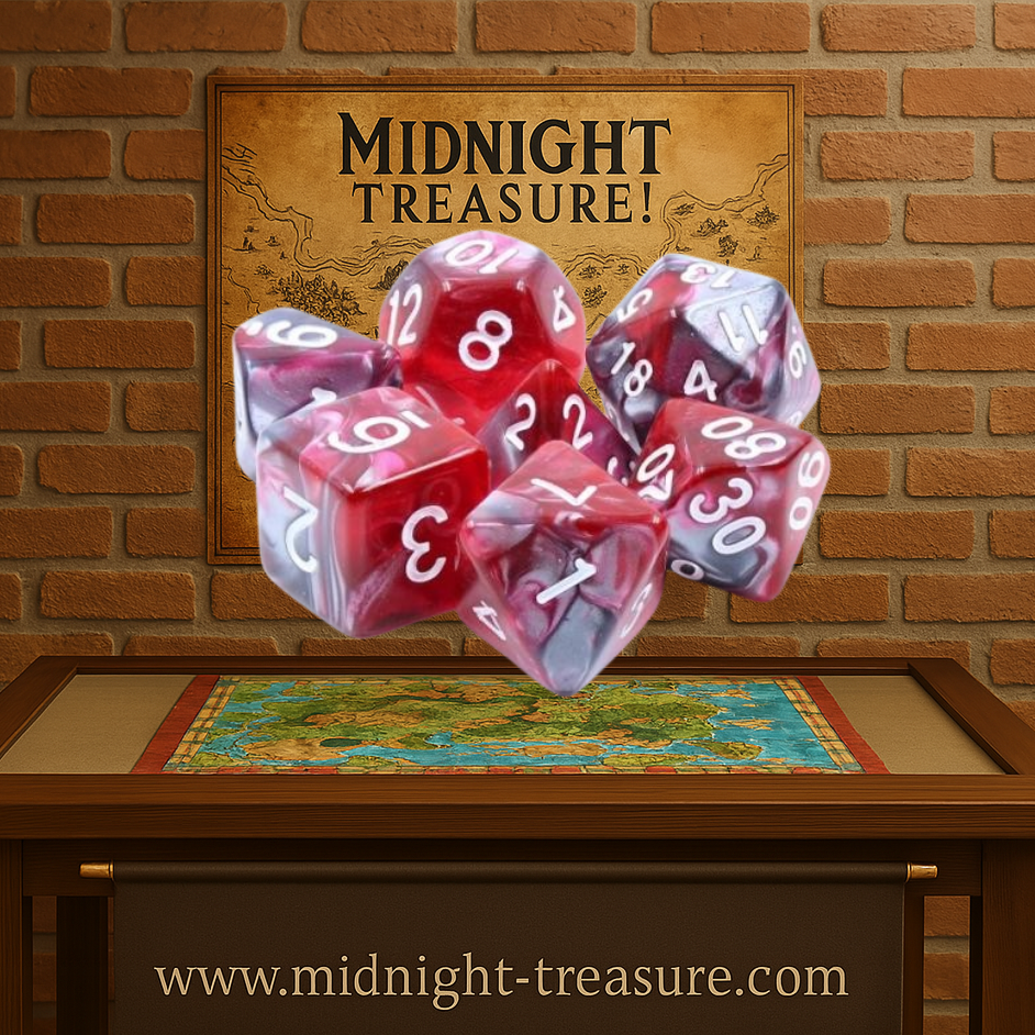 Lot de 7 dés en boîte – Dragon's Blood – Jeu de rôle. Set complet rouge et noir marbré avec chiffres blancs (D4, D6, D8, D10, D00, D12, D20). Un design puissant et mystique, parfait pour Donjons & Dragons, Pathfinder et autres jeux de rôle.