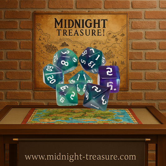 Lot de 7 dĂ©s en boĂźte â Green Goblins â Jeu de rĂŽle. Set complet marbrĂ© vert et violet avec chiffres blancs (D4, D6, D8, D10, D00, D12, D20). Un design malicieux et unique, parfait pour Donjons & Dragons, Pathfinder et autres jeux de rĂŽle.