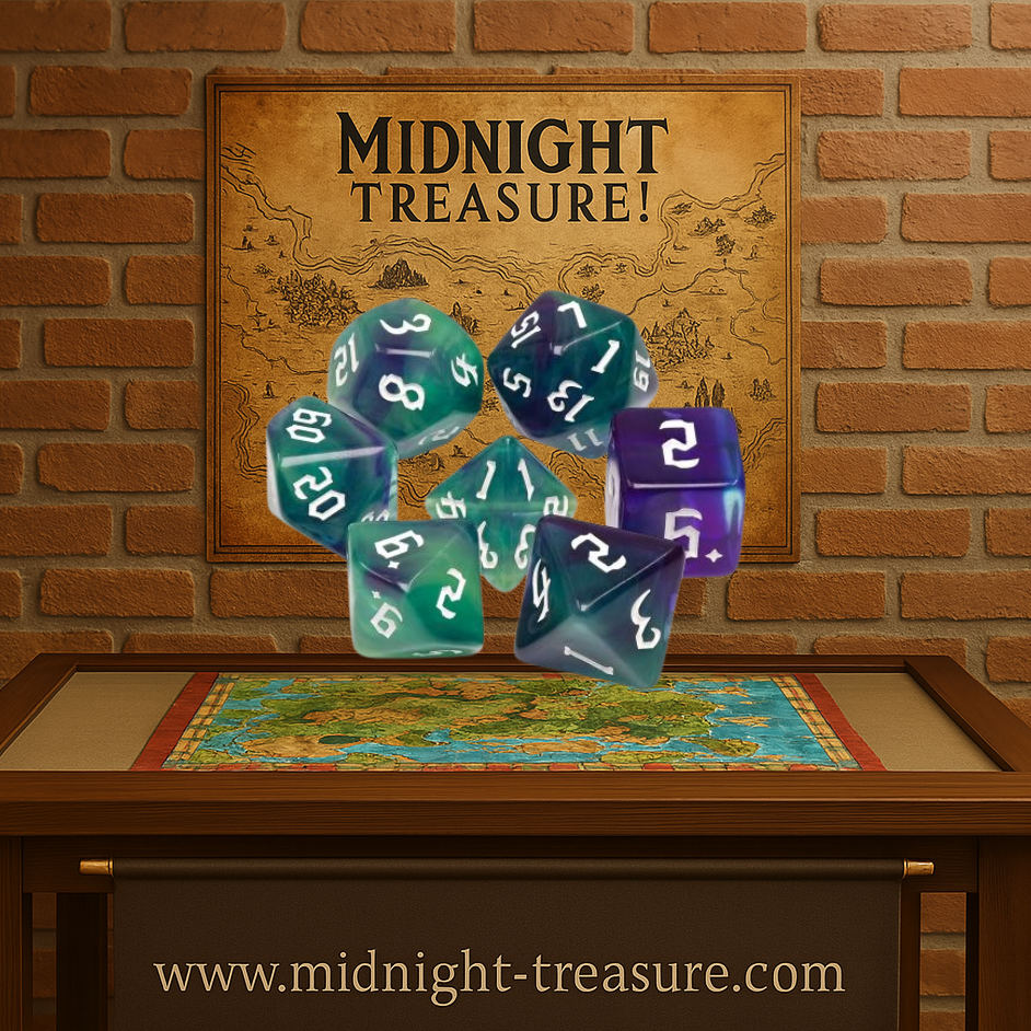 Lot de 7 dés en boîte – Green Goblins – Jeu de rôle. Set complet marbré vert et violet avec chiffres blancs (D4, D6, D8, D10, D00, D12, D20). Un design malicieux et unique, parfait pour Donjons & Dragons, Pathfinder et autres jeux de rôle.