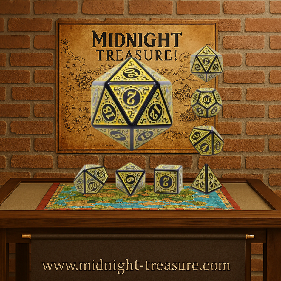 Lot de 7 dés en boîte – Magic Flame – Jeu de rôle. Set complet noir et or avec motifs gravés raffinés et chiffres dorés (D4, D6, D8, D10, D00, D12, D20). Un design mystique et flamboyant, parfait pour Donjons & Dragons, Pathfinder et autres jeux de rôle.