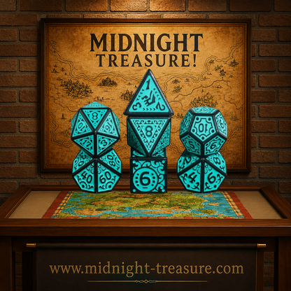 Lot de 7 dés multiformat en boîte – Magic Flame Teal – Jeu de rôle. Set noir avec gravures turquoise et motifs ornementaux détaillés (D4, D6, D8, D10, D00, D12, D20), révélant un superbe effet à la lumière. Parfait pour Donjons & Dragons, Pathfinder et autres jeux de rôle.