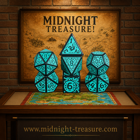 Lot de 7 dés multiformat en boîte – Magic Flame Teal – Jeu de rôle. Set noir avec gravures turquoise et motifs ornementaux détaillés (D4, D6, D8, D10, D00, D12, D20), révélant un superbe effet à la lumière. Parfait pour Donjons & Dragons, Pathfinder et autres jeux de rôle.