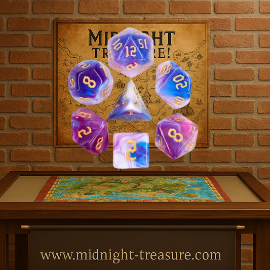 Lot de 7 dés en boîte – Rose Gold – Jeu de rôle. Set complet aux couleurs violettes, roses et bleues marbrées avec chiffres dorés (D4, D6, D8, D10, D00, D12, D20). Un set raffiné et unique pour Donjons & Dragons, Pathfinder et autres jeux de rôle.