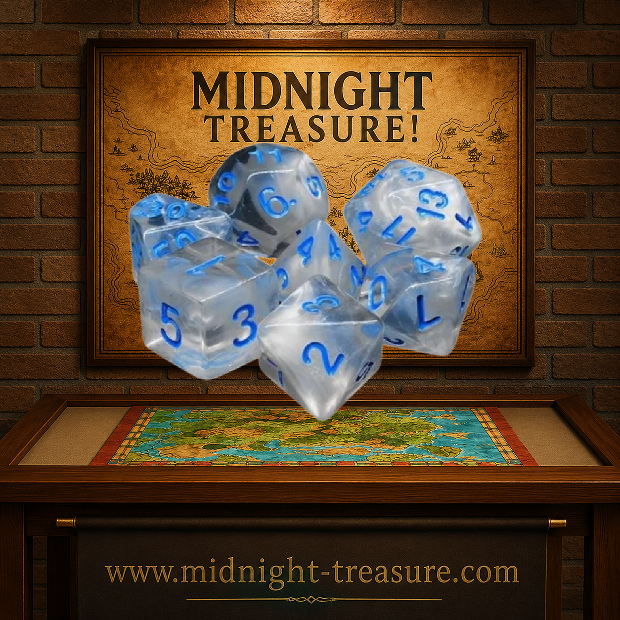 Lot de 7 dés en boîte – Valse d’hiver – Jeu de rôle. Set de dés translucides effet glace avec chiffres bleu azur (D4, D6, D8, D10, D00, D12, D20). Un design cristallin et hivernal parfait pour Donjons & Dragons, Pathfinder et autres jeux de rôle.