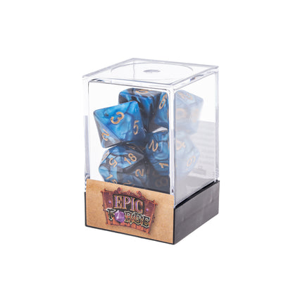🎲🌊 Lot de Dés – Fusion Bleu et Noir – Set Complet 7 Pièces en Boîte – Jeu de Rôle 🌑🎲